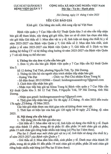Bệnh viện quân y 7, Cục Hậu cần - Kỹ thuật, Quân khu 3 có nhu cầu tiếp nhận báo giá để tham khảo, xây dựng giá gói thầu, làm cơ sở tổ chức lựa chọn nhà thầu các gói thầu: 
